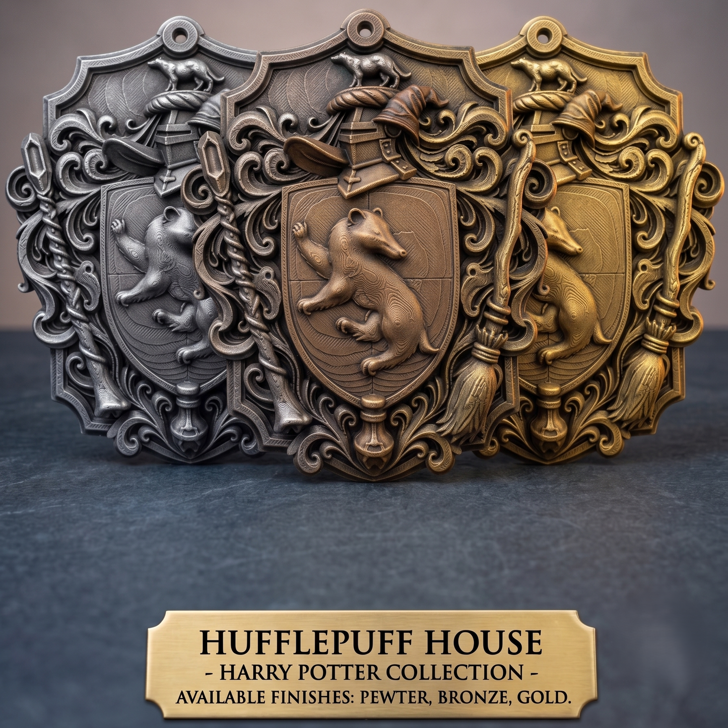 Three ornate Hufflepuff House shield emblems from the Harry Potter collection, shown in pewter, bronze, and gold finishes, with a text label at the bottom.