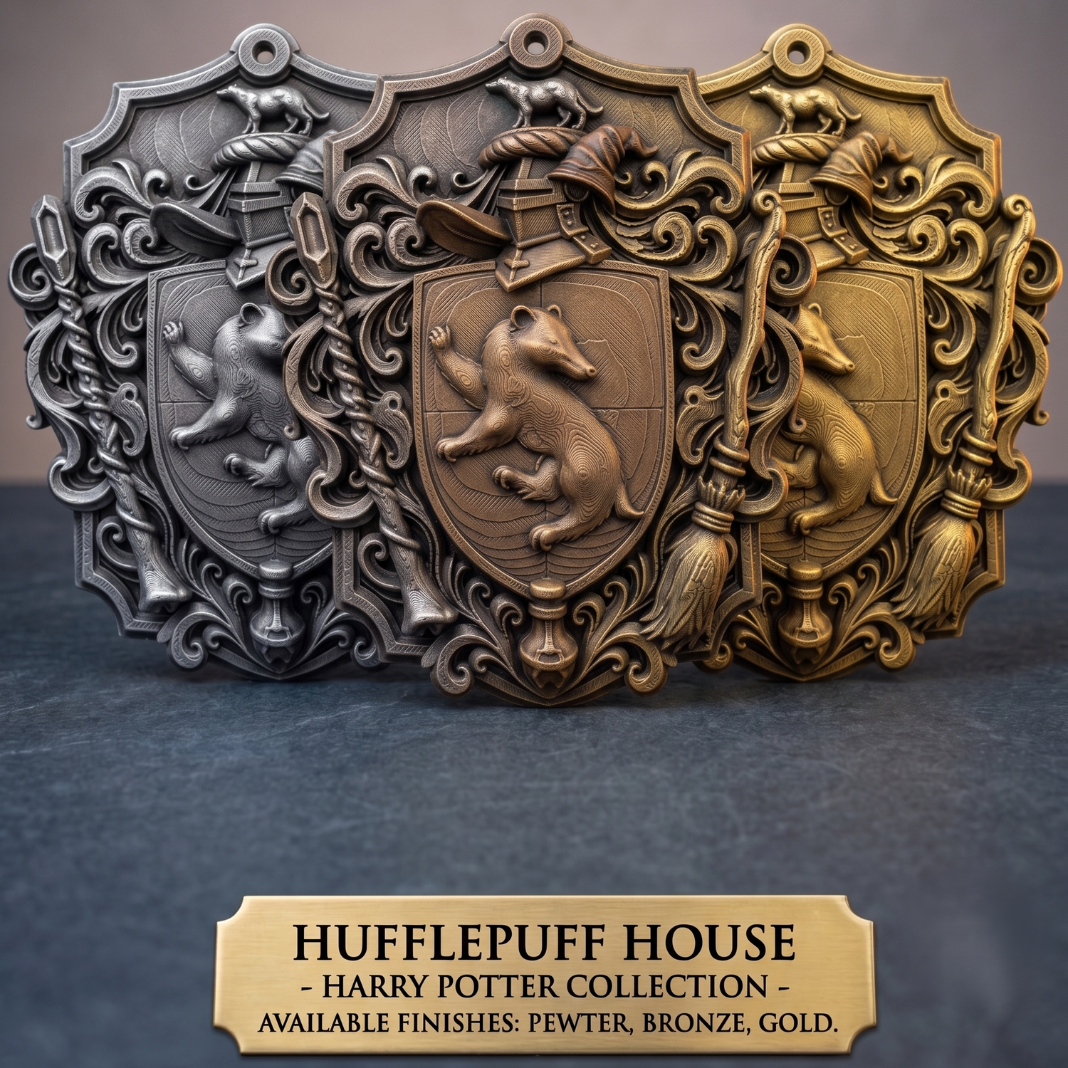 Three ornate Hufflepuff House shield emblems from the Harry Potter collection, shown in pewter, bronze, and gold finishes, with a text label at the bottom.