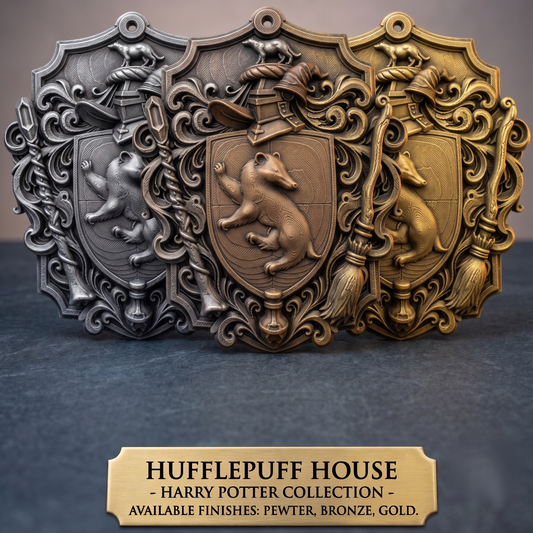 Three ornate Hufflepuff House shield emblems from the Harry Potter collection, shown in pewter, bronze, and gold finishes, with a text label at the bottom.