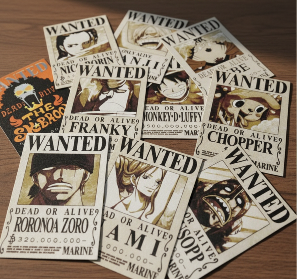 Collection of 'Wanted' posters featuring various characters on a wooden surface